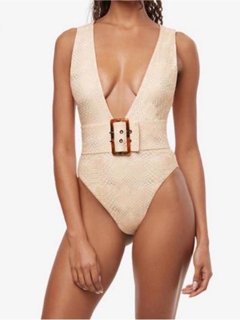 WeWoreWhat Cream Textured One-Piece Swimsuit with Belt